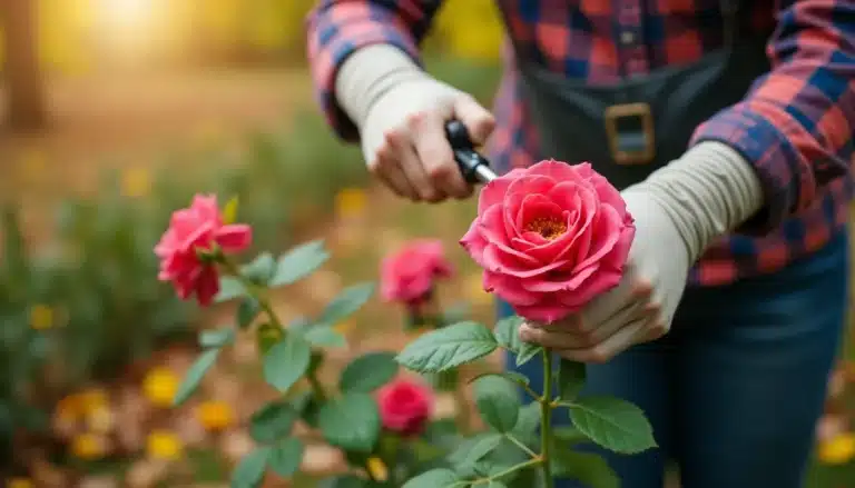 gardener pruning rosebush autumn