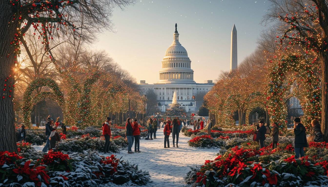 discover the enchanting 'season's greenings' celebration at the us botanic garden, featuring stunning displays of iconic dc landmarks and festive decorations. experience the magic of the holidays through beautiful horticultural artistry and creativity, perfect for all ages.